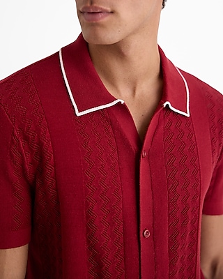 Textured Stripe Cotton Short Sleeve Sweater Polo