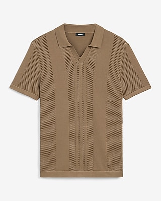 Open Knit Pointelle Striped Short Sleeve Sweater Polo