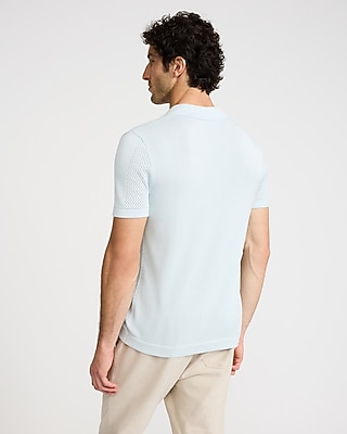 Open Knit Pointelle Striped Short Sleeve Sweater Polo