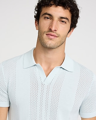 Open Knit Pointelle Striped Short Sleeve Sweater Polo