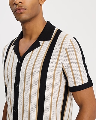 Open Knit Striped Cotton Short Sleeve Sweater Polo