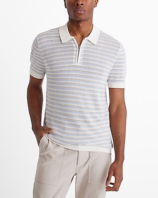 striped pointelle short sleeve zip sweater polo