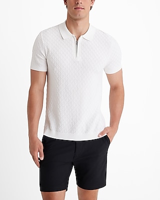 Textured Diamond Geo Cotton-Blend Short Sleeve Sweater Polo
