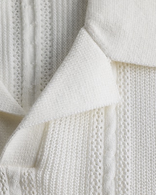 Open Cable Knit Cotton Short Sleeve Sweater Polo