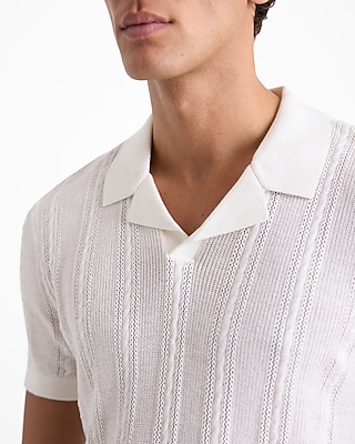 Open Cable Knit Cotton Short Sleeve Sweater Polo