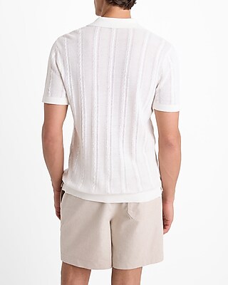 Open Cable Knit Cotton Short Sleeve Sweater Polo