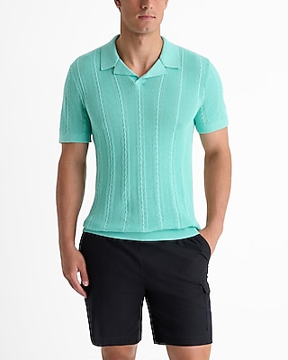 Open Cable Knit Cotton Short Sleeve Sweater Polo