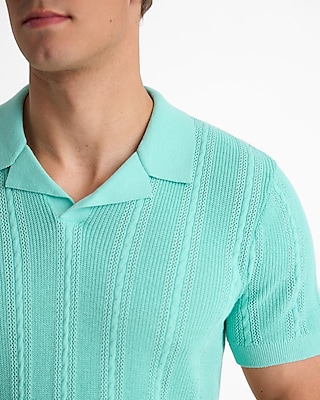 Open Cable Knit Cotton Short Sleeve Sweater Polo