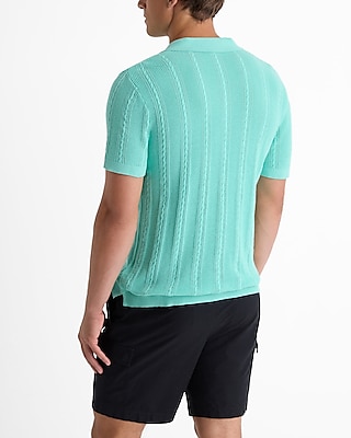 Open Cable Knit Cotton Short Sleeve Sweater Polo