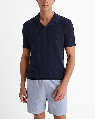 Open Cable Knit Cotton Short Sleeve Sweater Polo