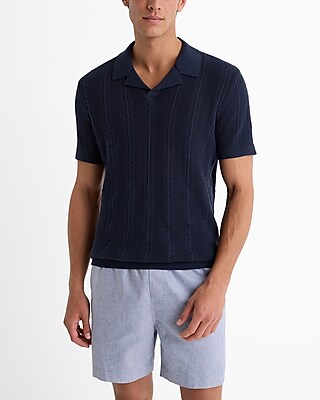 Open Cable Knit Cotton Short Sleeve Sweater Polo