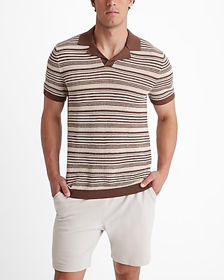 striped knit linen-blend short sleeve sweater polo