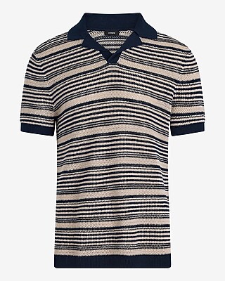 Striped Knit Linen-Blend Short Sleeve Sweater Polo