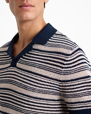 Striped Knit Linen-Blend Short Sleeve Sweater Polo