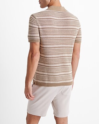 Striped Knit Linen-Blend Short Sleeve Sweater Polo