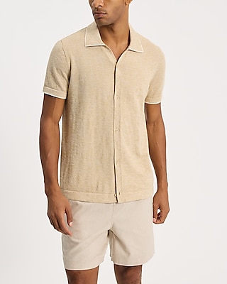 Tipped Linen-Blend Short Sleeve Sweater Polo