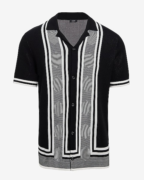 Geo Striped Border Short Sleeve Sweater Polo | Express Geo Striped Border Short Sleeve Sweater Polo | Express