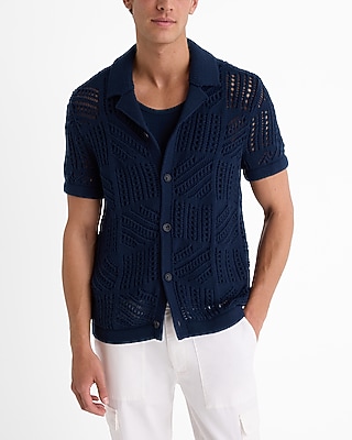 Geo Open Cable Knit Short Sleeve Sweater Polo