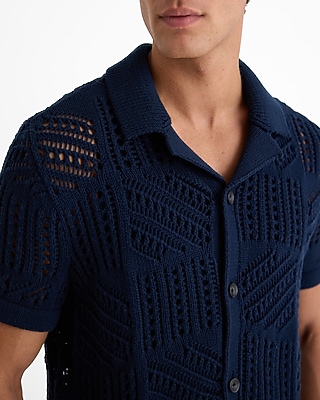 Geo Open Cable Knit Short Sleeve Sweater Polo