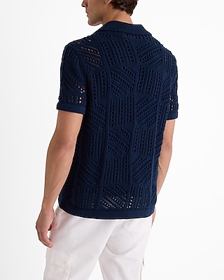 Geo Open Cable Knit Short Sleeve Sweater Polo