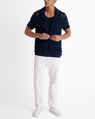 Geo Open Cable Knit Short Sleeve Sweater Polo