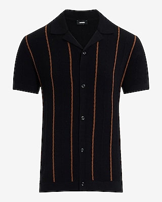 Cable Knit Striped Cotton Short Sleeve Sweater Polo