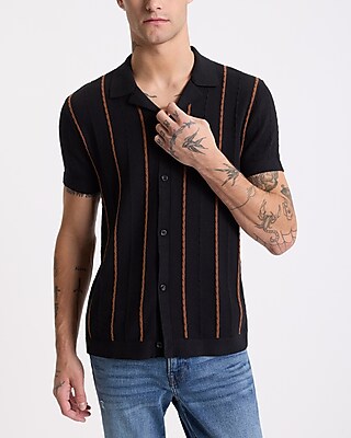 Cable Knit Striped Cotton Short Sleeve Sweater Polo