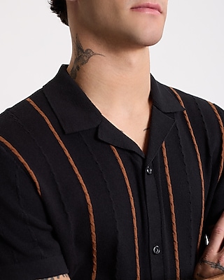 Cable Knit Striped Cotton Short Sleeve Sweater Polo
