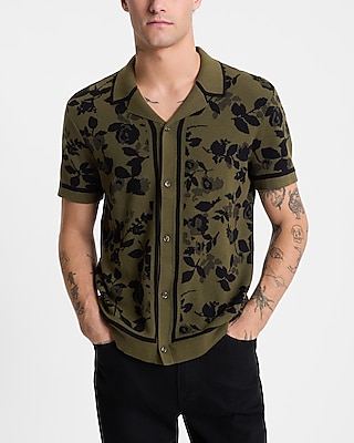 Bordered Floral Cotton Short Sleeve Sweater Polo