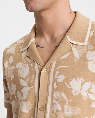 Bordered Floral Cotton Short Sleeve Sweater Polo