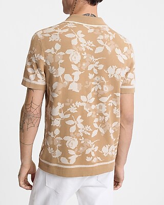 Bordered Floral Cotton Short Sleeve Sweater Polo