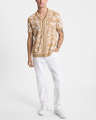 Bordered Floral Cotton Short Sleeve Sweater Polo