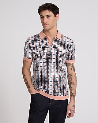 Rectangular Geo Cotton Short Sleeve Sweater Polo - thumbnail 6