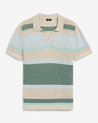 Striped Cotton Johnny Collar Sweater Polo