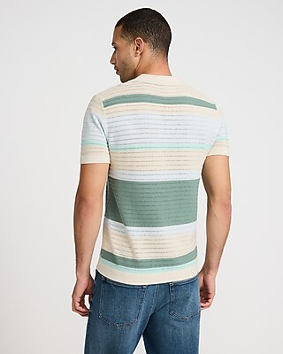 Striped Cotton Johnny Collar Sweater Polo