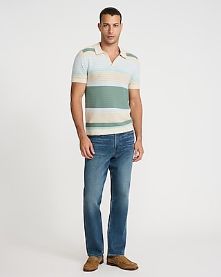 Striped Cotton Johnny Collar Sweater Polo
