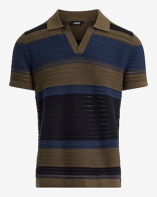 Striped Cotton Johnny Collar Sweater Polo