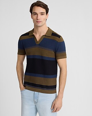 Striped Cotton Johnny Collar Sweater Polo