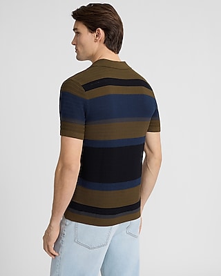 Striped Cotton Johnny Collar Sweater Polo