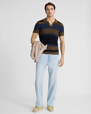 Striped Cotton Johnny Collar Sweater Polo