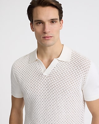 Textured Open Stitch Cotton Johnny Collar Polo
