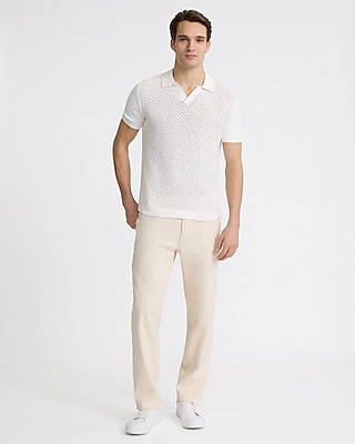 Textured Open Stitch Cotton Johnny Collar Polo