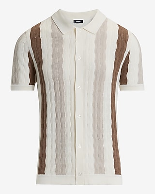 Textured Wavy Striped Cotton-Blend Short Sleeve Sweater Polo