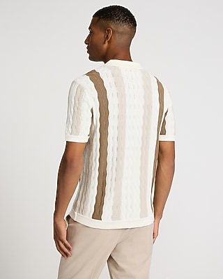 Textured Wavy Striped Cotton-Blend Short Sleeve Sweater Polo