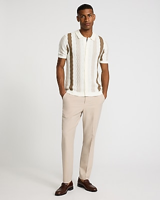 Textured Wavy Striped Cotton-Blend Short Sleeve Sweater Polo