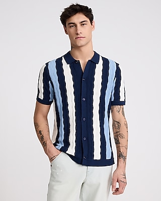 Dobby Textured Floral Striped Cotton Short Sleeve Shirt