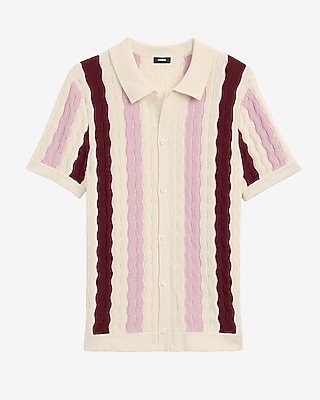 Textured Wavy Striped Cotton-Blend Short Sleeve Sweater Polo