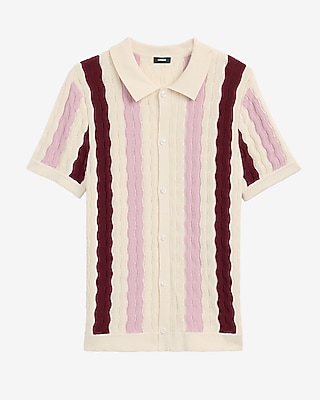 Textured Wavy Striped Cotton-Blend Short Sleeve Sweater Polo