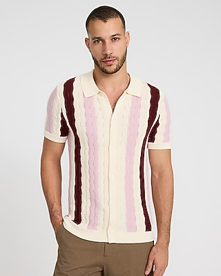 Textured Wavy Striped Cotton-Blend Short Sleeve Sweater Polo