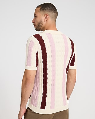 Textured Wavy Striped Cotton-Blend Short Sleeve Sweater Polo